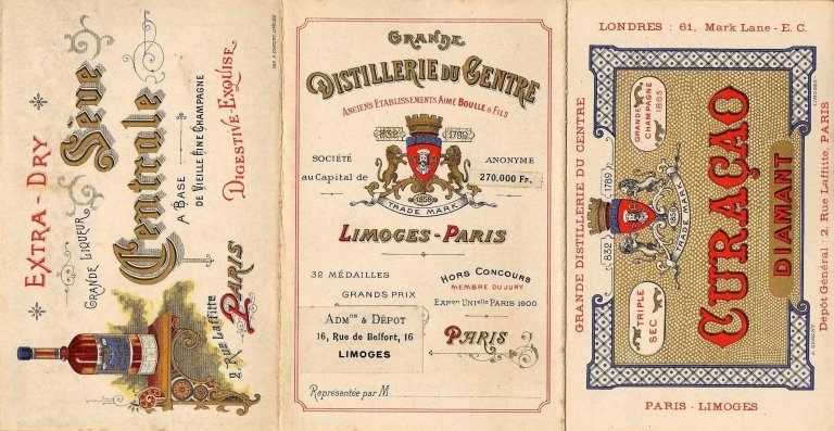 Tarifs de la Grande Distillerie du Centre postérieurs à 1899. Couvertures, recto, volets 1 à 3.