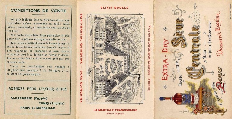 Tarifs de la Grande Distillerie du Centre postérieurs à 1899. Couvertures, recto, volets 3 à 5.