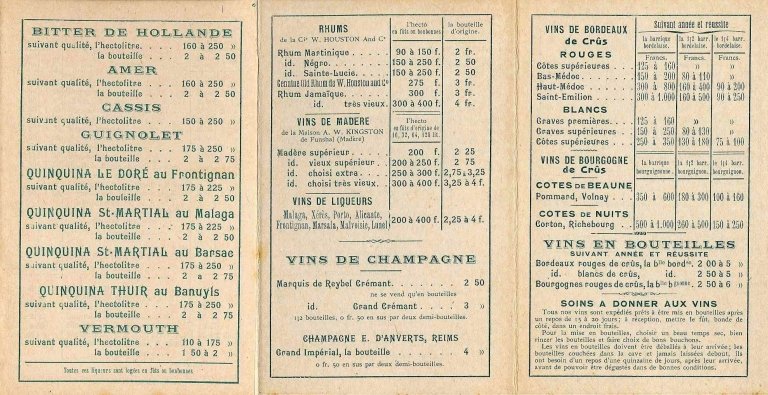 Tarifs de la Grande Distillerie du Centre postérieurs à 1899. Couvertures, verso, volets 8 à 10.