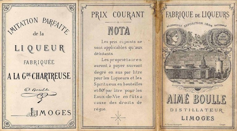Tarifs de la distillerie Boulle antérieurs à 1899. Couvertures, recto, volets 1 à 3.