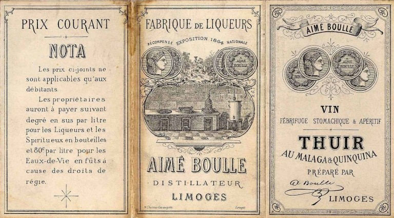 Tarifs de la distillerie Boulle antérieurs à 1899. Couvertures, recto, volets 2 à 4.