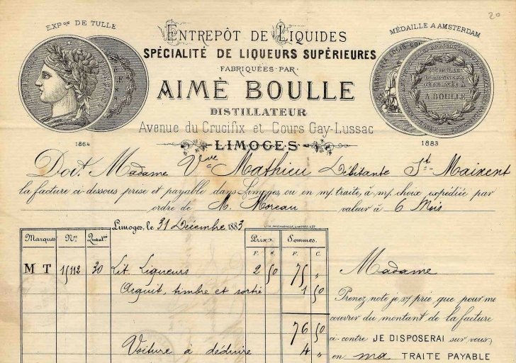 Papier à en-tête de la distillerie Boulle daté de 1883, avant l'installation rue de Belfort.