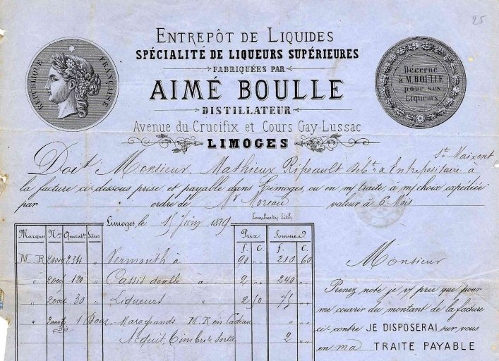 Papier à en-tête de la distillerie Boulle daté de 1879, avant l'installation rue de Belfort.