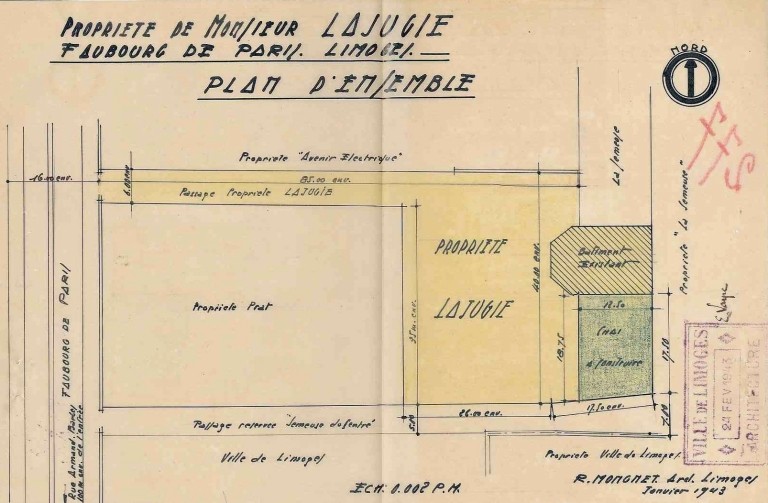 'Propriété de Monsieur Lajudie - Faubourg de Paris - Limoges - Plan d'ensemble'. Plan masse du site en 1943.