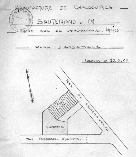 'Manufacture de chaussures SAUTERAUD et Cie - Usine rue du Chinchauvaud - Limoges - Plan d'ensemble'. Plan masse du site avec projet d'atelier en 1940.