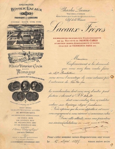 Papier à en-tête de l'extrême fin du 19e siècle de la distillerie Lacaux Frères.