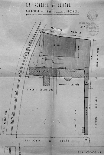 'La Semeuse du Centre - Faubourg de Paris - Limoges'. Plan masse du site en 1950. Construction de dépôts à l'arrière de l'ancienne usine Blanchard.