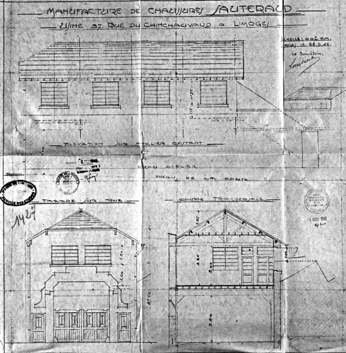'Manufacture de chaussures SAUTERAUD - Usine 37 rue du Chinchauvaud à Limoges'. Façade antérieure, élévation et coupe de l'atelier construit en 1946.