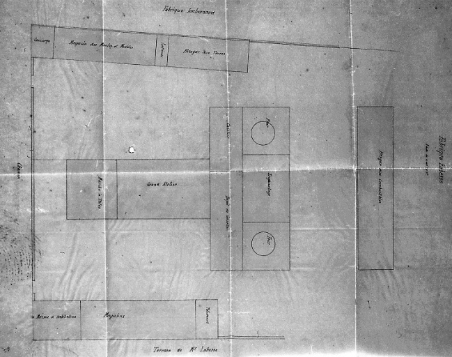 'Fabrique Labesse'. Plan masse des ateliers projetés en 1873, avec indication des affectations.
