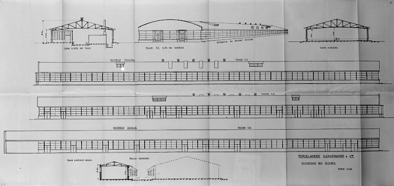 'Porcelainerie A. Chastagner & Cie - Elévations des façades'. Elévations du premier projet d'usine daté de 1957, non réalisé.