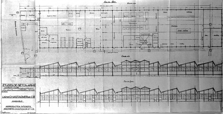 'Etudes de béton armé Georges Faure, ingénieur A et M et I.C.F - 4 rue Waldeck Rousseau - Limoges - n° 1142-10 - Usine Chastagner et Cie - Ensemble - Le 10 janvier 1958'. Plan, coupe et élévation de l'usine construite en 1958.