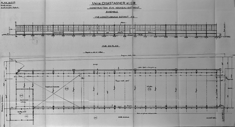 'Usine Chastagner et Cie - Construction d'un nouveau bâtiment - Ensemble - Plan n° F1 bis - Le 3 avril 1964'. Plan et élévation de l'extension réalisée en 1964.