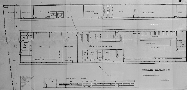 'Porcelainerie A. Chastagner & Cie - Coupe en plan des bâtiments'. Plans du premier projet d'usine daté de 1957, non réalisé.