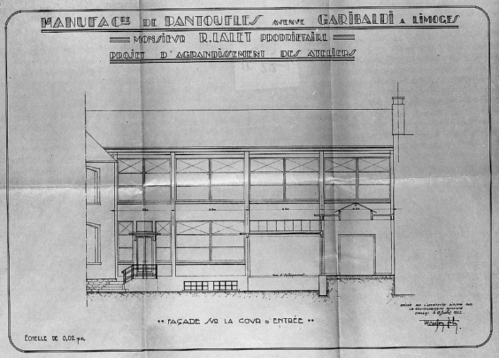 'Manufacture de pantoufles - Mr. Lalet Prore - Projet d'agrandissement des ateliers - Façade sur la cour d'entrée', 1932.