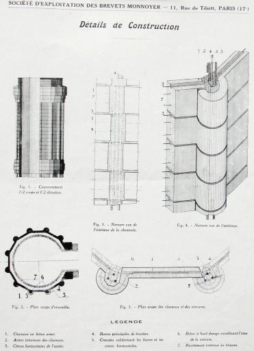 Détails sur le système de construction des cheminées Monnoyer extraits d'une brochure tarifaire : 'Société d'exploitation des Brevets Monnoyer - Cheminée en béton armé - construction système Monnoyer - Dossier n° 2532 B - Paris, le 17 Mai 1939 - Cheminée à construire à Limoges'.