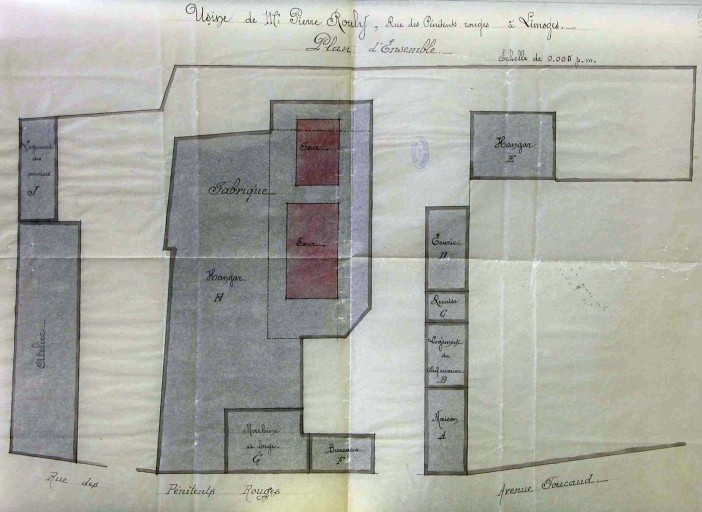 Plan masse de la briqueterie en 1873 : 'Usine de M. Pierre Rouly, rue des Pénitents Rouges à Limoges - Plan d'ensemble'.