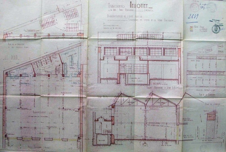 Plans de l'agrandissement des ateliers en 1951 : 'Etablissements Mellotée - 6 rue Paul Dérignac - Limoges - Agrandissement de l'usine par la couverture en sheds de la cour existante'.