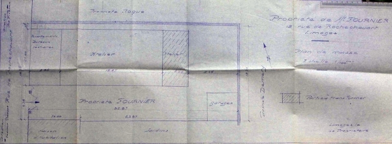 Plan masse de l'usine en 1957 : 'Propriété de Monsieur Fournier - 19 rue de Rochechouart - Limoges - Plan masse'.