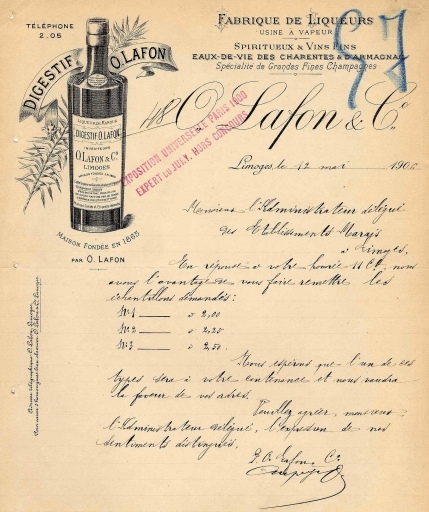 Papier à en-tête de la distillerie Lafon du début du 20e siècle.