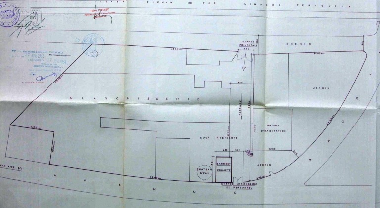 Plan masse de la blanchisserie en 1964 : 'Blanchisserie Maine - Limoges - Projet de bureaux'.