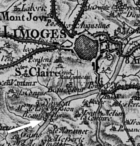 Extrait de la 'Carte Géométrique de la France' dite 'Carte de Cassini'. Deux moulins sont indiqués sur le site de Beaumoulin : l'un sur la rive droite (moulin Parant), l'autre sur la rive gauche (moulin de la Garde). Légèrement au sud-est, sur la ruisseau de la Valoine, est implanté le moulin du Martinet.