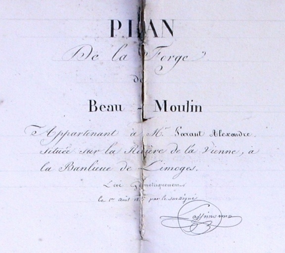 Titre général du plan de la forge dressé en 1835 : 'Plan de la forge de Beau Moulin appartenant à M. Parant Alexandre située sur la rivière de la Vienne, à la banlieue de Limoges - Levé géométriquement le 1er août 1835 par le soussigné LASSIMONNE'.