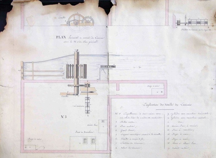 Plans du laminoir en 1835 : 'Plan horizontal et vertical du laminoir sous le n° 3 du plan général'.