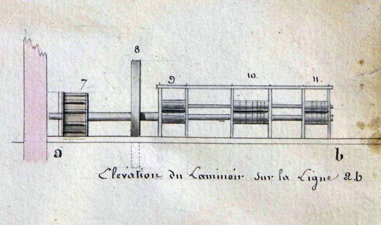 Plans du laminoir en 1835, détail de la cage du laminoir : 'Plan horizontal et vertical du laminoir sous le n° 3 du plan général'.