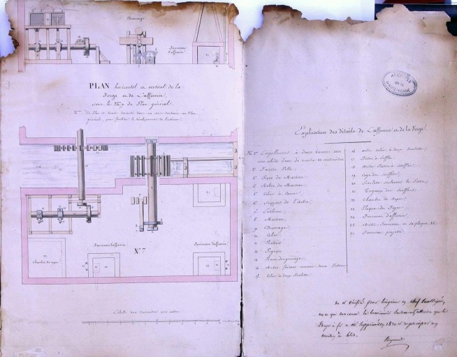 Plans de la forge et de l'affinerie en 1835 : 'Plan horizontal et vertical de la forge et de l'affinerie sous le n° 7 du plan général'.