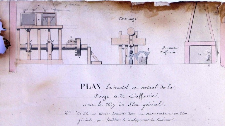 Plans de la forge et de l'affinerie en 1835, détail des équipements : 'Plan horizontal et vertical de la forge et de l'affinerie sous le n° 7 du plan général'.