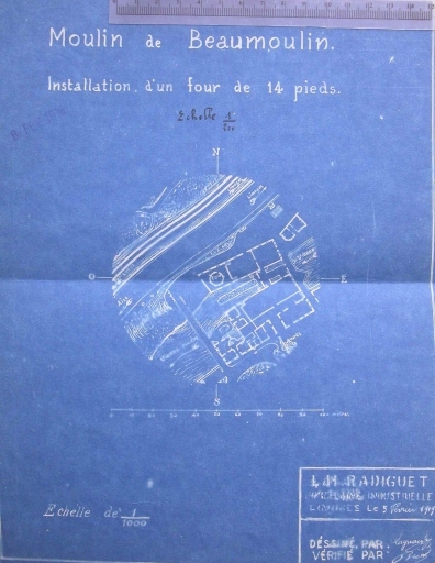Plan masse de l'usine en 1919 : 'Moulin de Beaumoulin - Installation d'un four de 14 pieds - L. H. Radiguet - Porcelaine industrielle'.