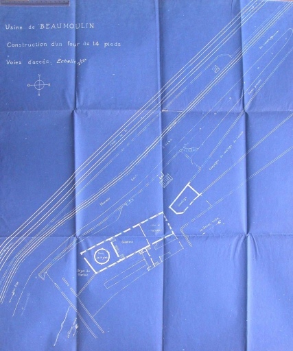 Plan du rez-de-chaussée de l'usine de porcelaine en 1919 : 'Usine de Beaumoulin - Construction d'un four de 14 pieds - Voies d'accès - L. H. Radiguet - Porcelaine industrielle'.