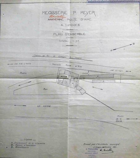 Plan masse de l'usine en 1919 : 'Mégisserie Meyer - Nouvelle route d'Aixe à Limoges - Plan d'ensemble'.