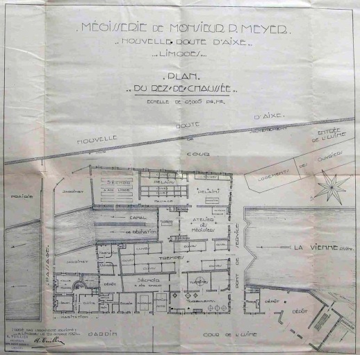 Plan du rez-de-chaussée de la mégisserie en 1919 : 'Mégisserie Meyer - Nouvelle route d'Aixe à Limoges - Plan du rez-de-chaussée'.