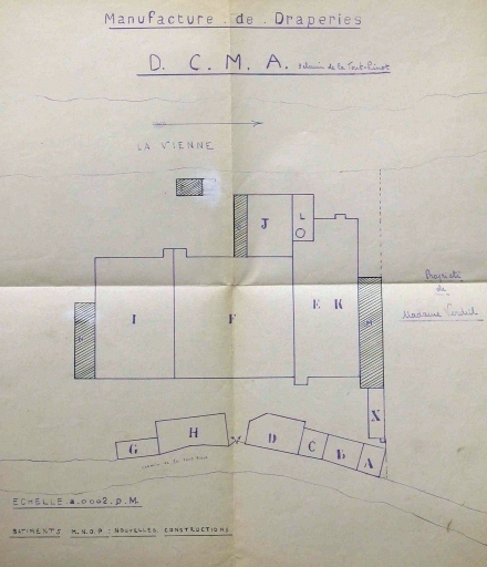Plan masse de l'usine en 1937 : 'Manufacture de Draperies DCMA - 3 chemin de la Font-Pinot - Bâtiments MNOP : nouvelles constructions'.