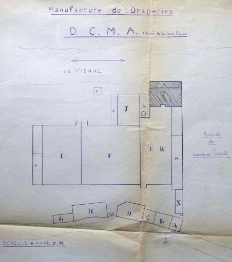 Plan masse de l'usine en 1938 : 'Manufacture de Draperies DCMA - 3 chemin de la Font-Pinot'.