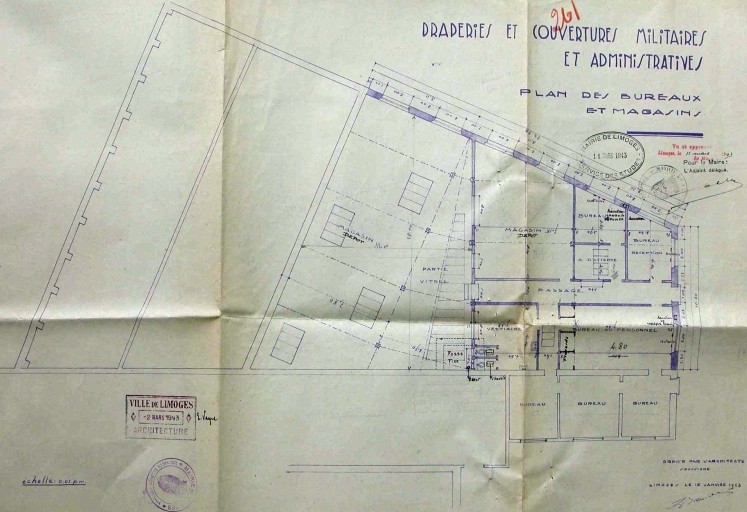 Plan des bureaux et magasins de l'usine en 1943 : 'Draperies et Couvertures Militaires Administratives - Plan des bureaux et magasins'.