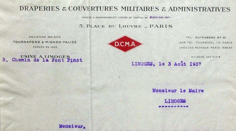 Papier à en-tête de la D.C.M.A. daté de 1937.