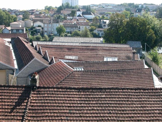 Vue des toitures des magasins et bureaux depuis les quais de la Vienne.