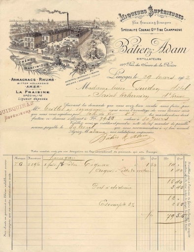 Papier à en-tête de la distillerie Batier en 1902.