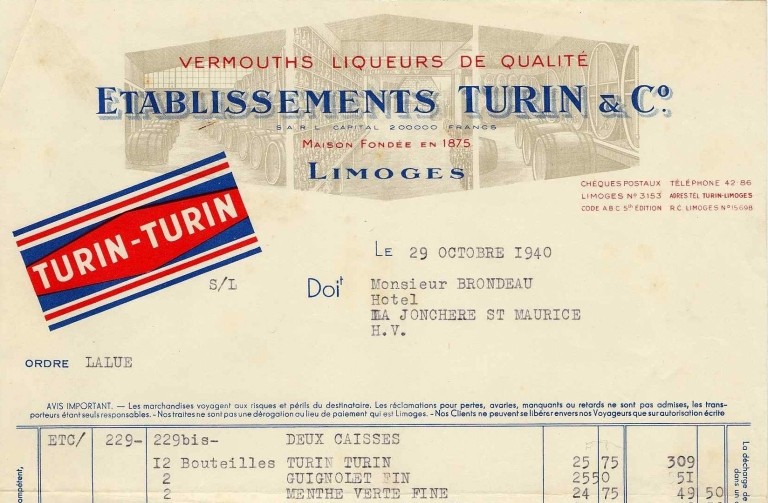 Papier à en-tête de la distillerie Turin en 1940.