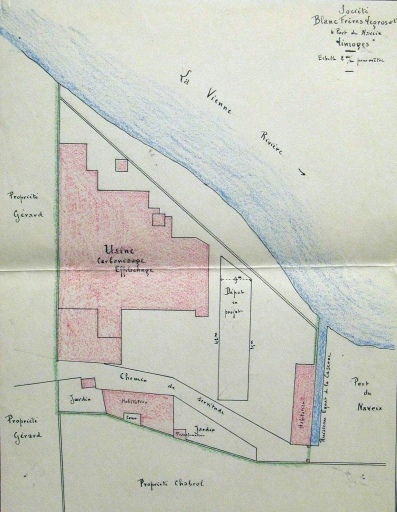 Plan masse de l'usine en 1929 : 'Société Blanc Frères Legros et Cie - 4 Port du Naveix - Limoges'.