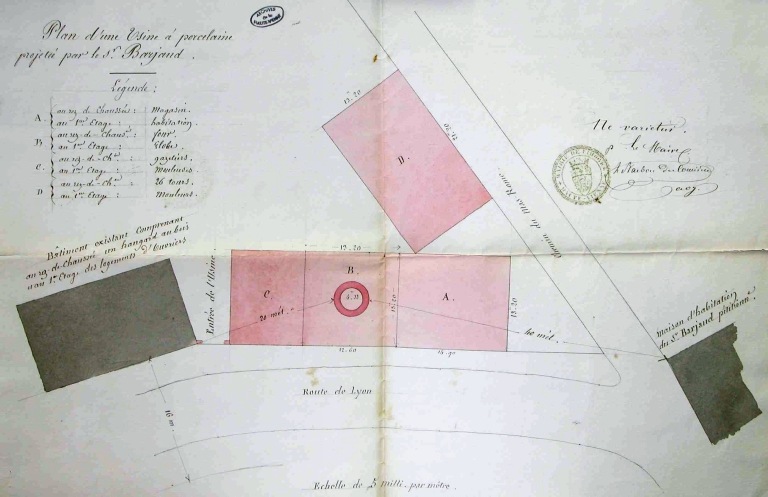 Plan masse du projet d'implantation de l'usine de porcelaine en 1866 : 'Plan d'une usine à porcelaine projetée par le Sieur Barjaud'.