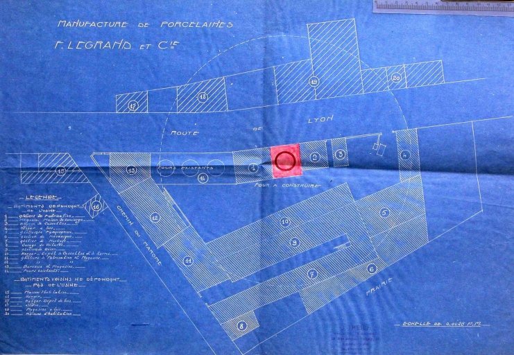 Plan masse de l'usine en 1924, avec indication de l'affectation des ateliers : 'Manufacture de Porcelaines F. Legrand et Cie'.