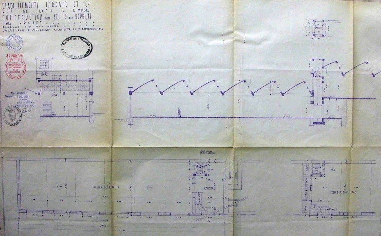 Projets de construction de nouveaux ateliers par l'architecte P. Villemain en 1946 : 'Etablissements Legrand et Cie - Rue de Lyon à Limoges Construction d'un atelier de reprises - 4e projet'.