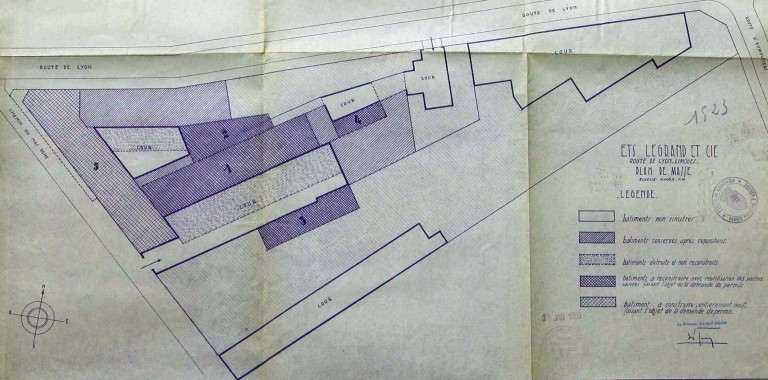 Plan masse de l'usine en 1949 après l'incendie du 25 août 1949 : 'Ets Legrand et Cie - Route de Lyon - Limoges - Plan masse'.