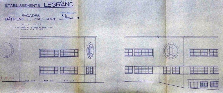 Façade antérieure des ateliers après l'incendie de 1949, reconstruits à l'angle de la rue du Mas-Rome et de l'avenue : 'Ets Legrand - Façades - Bâtiment du Mas Rome'.