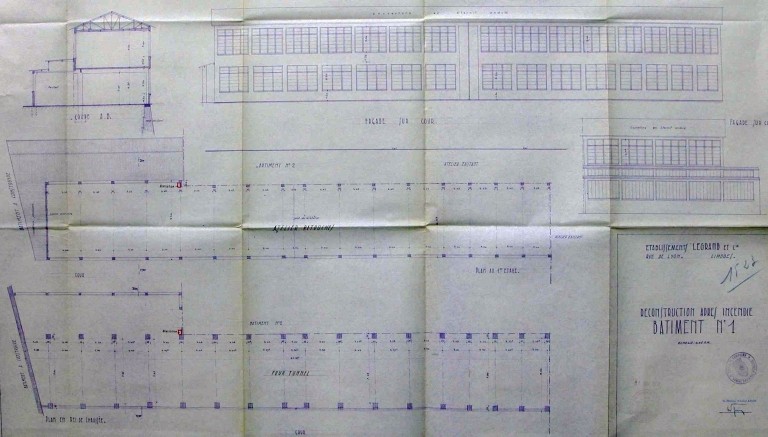 Plan, façade et coupe du bâtiment n° 1 reconstruit après l'incendie de 1949 : 'Ets Legrand et Cie - Rue de Lyon - Limoges - Reconstruction après incendie - Bâtiment n° 1'.