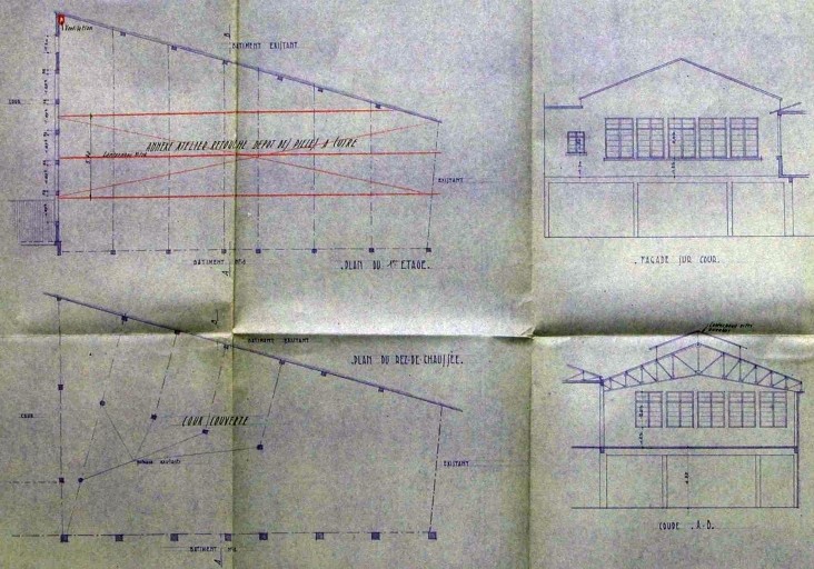 Plan, façade et coupe du bâtiment n° 2 reconstruit après l'incendie de 1949 : 'Ets Legrand et Cie - Rue de Lyon - Limoges - Reconstruction après incendie - Bâtiment n° 2'.