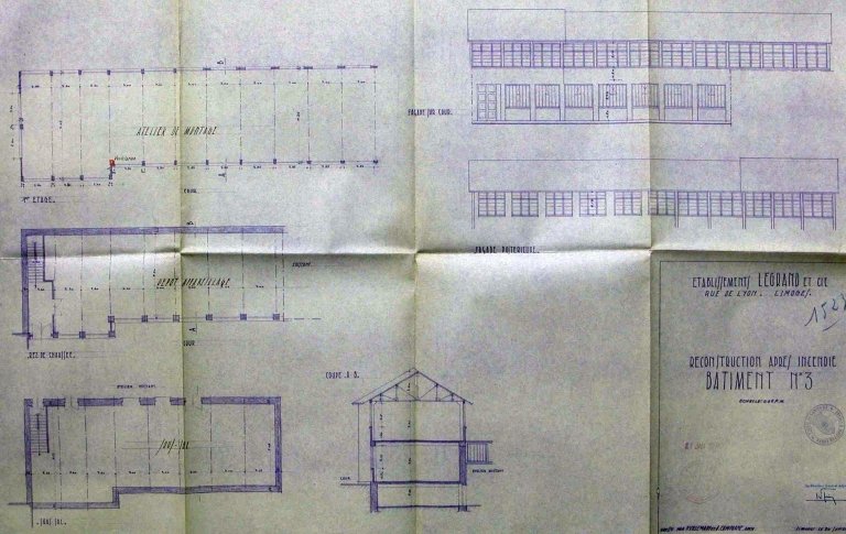 Plan, façade et coupe du bâtiment n° 3 reconstruit après l'incendie de 1949 : 'Ets Legrand et Cie - Rue de Lyon - Limoges - Reconstruction après incendie - Bâtiment n° 3'.